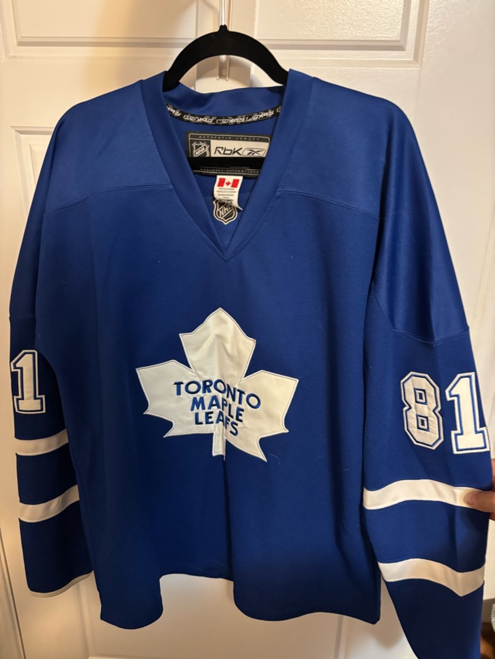 Reebok Blue Toronto Maple Leafs Hockey Jersey with White Leaf Crest